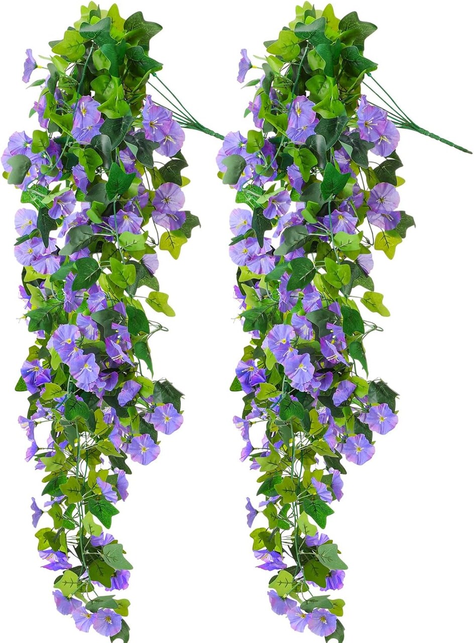 2 Pcs Artificial Fake Hanging Flowers Plants 41'' Faux Silk Petunia UV Resistant